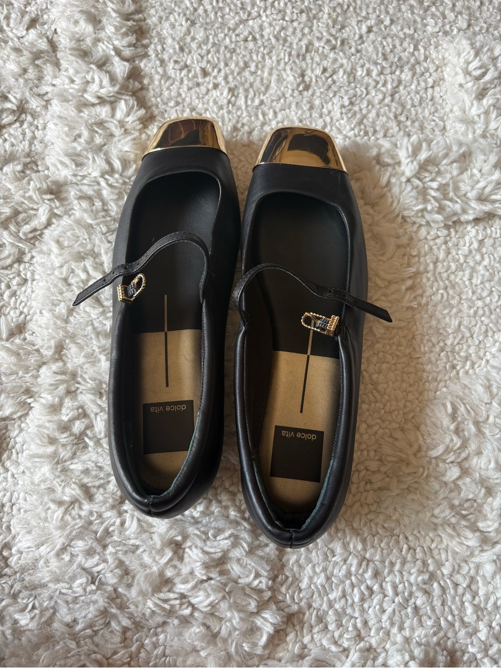 Dolce Vita Black Leather Mary Jane Flats with Gold Cap Toe & Buckle
